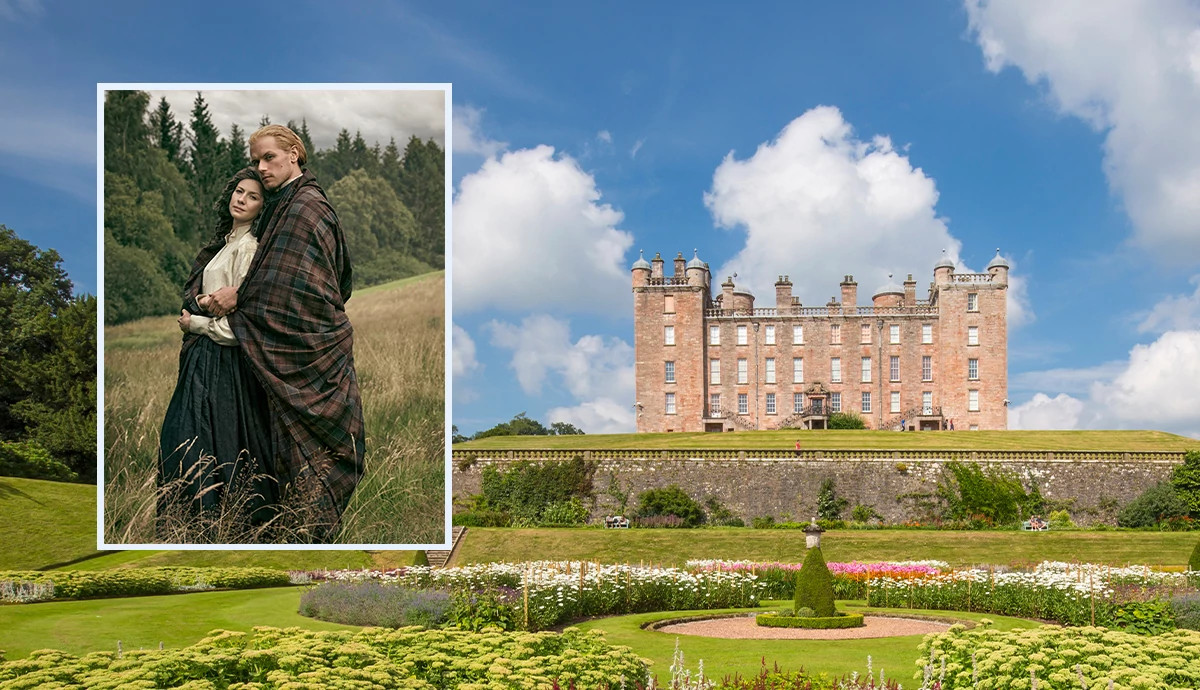 An image of “Outlander” stars overlaid on a castle in scotland