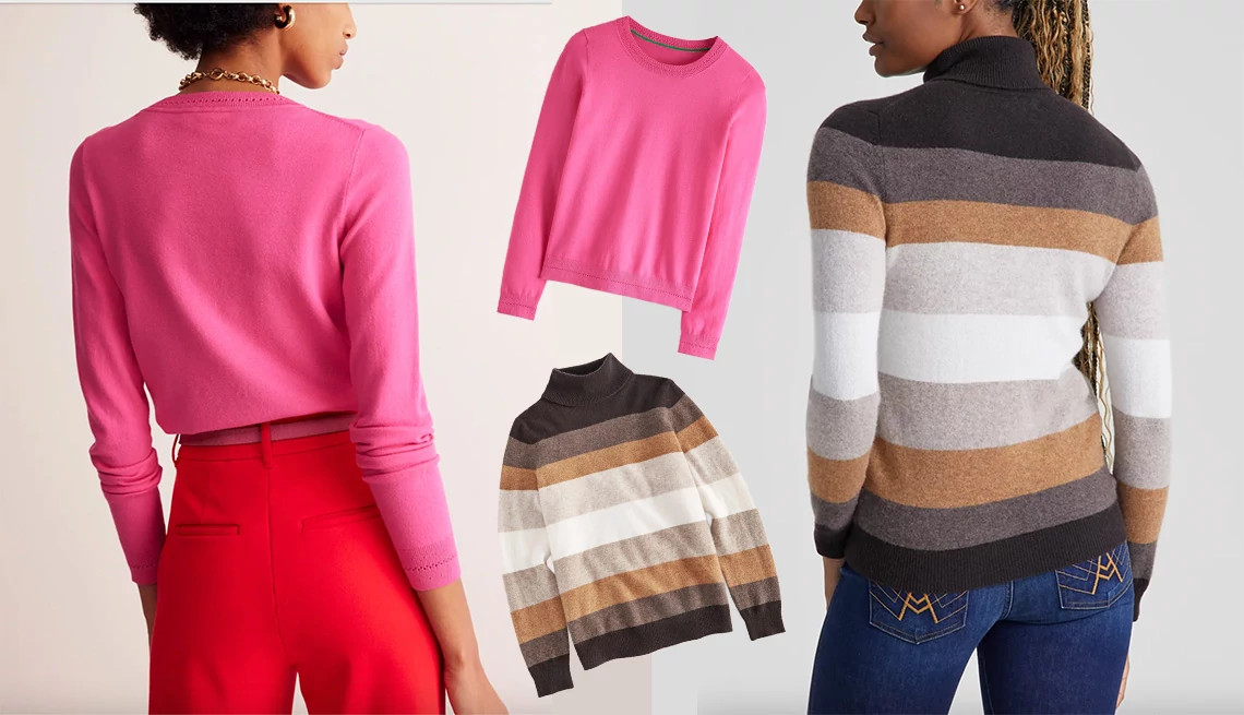 a pink sweater and a neutral stripped sweater