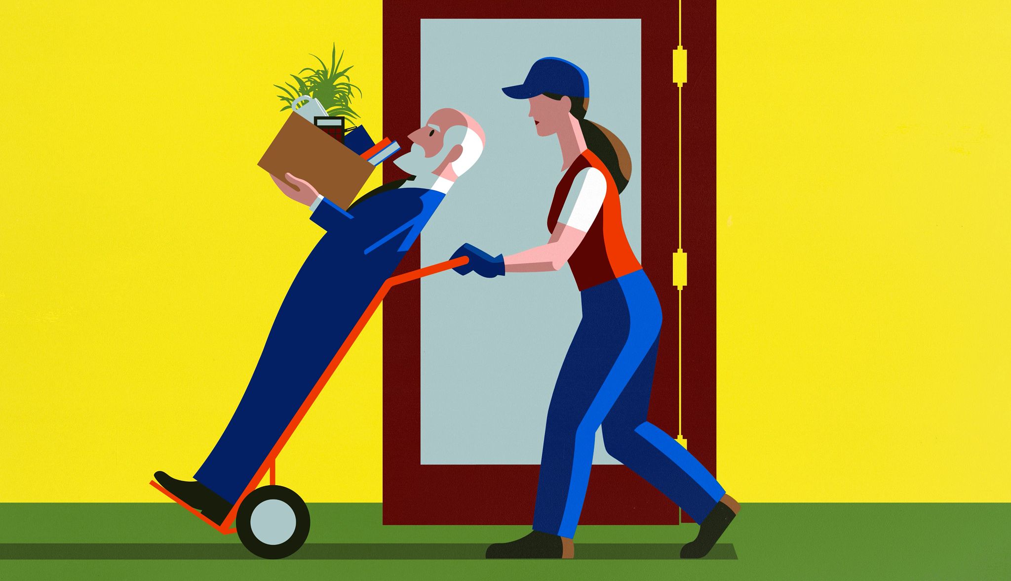 ¿Estás suspendido temporalmente del Gobierno? Ilustración muestra una mujer que se lleva a un trabajador mayor con una caja de pertenencias en una carretilla.