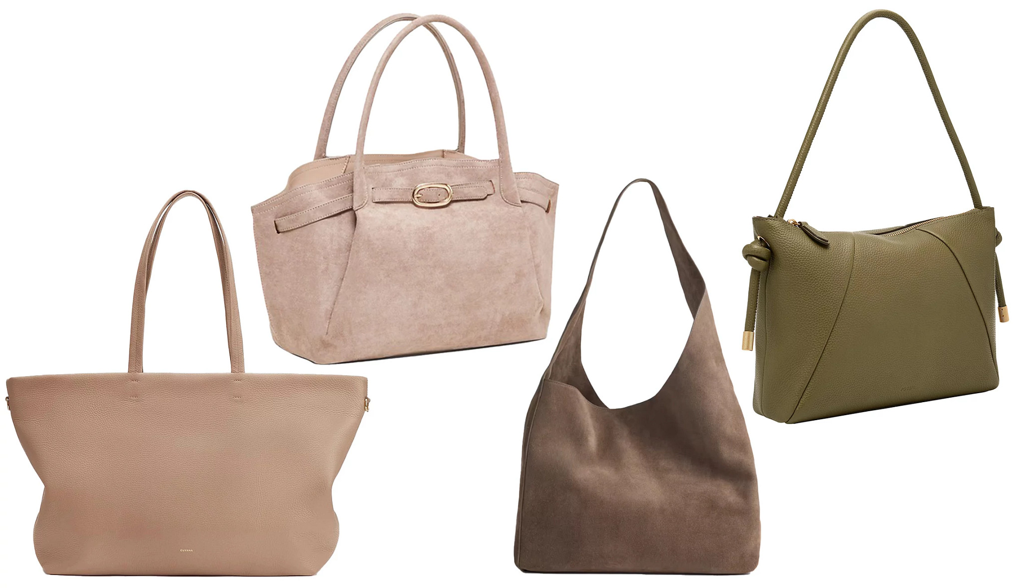 a collage with four handbags in different colors and styles