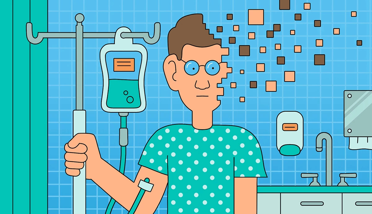 An illustration of a man standing in a hospital with an IV pole as pieces of his head float away