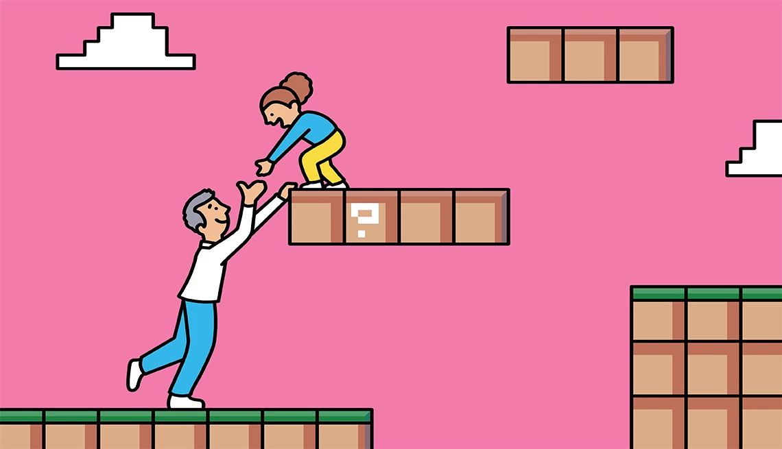 25 Ways to Bond With Grandchildren A graphic illustration shows a child and an older adult playing inside a video game.