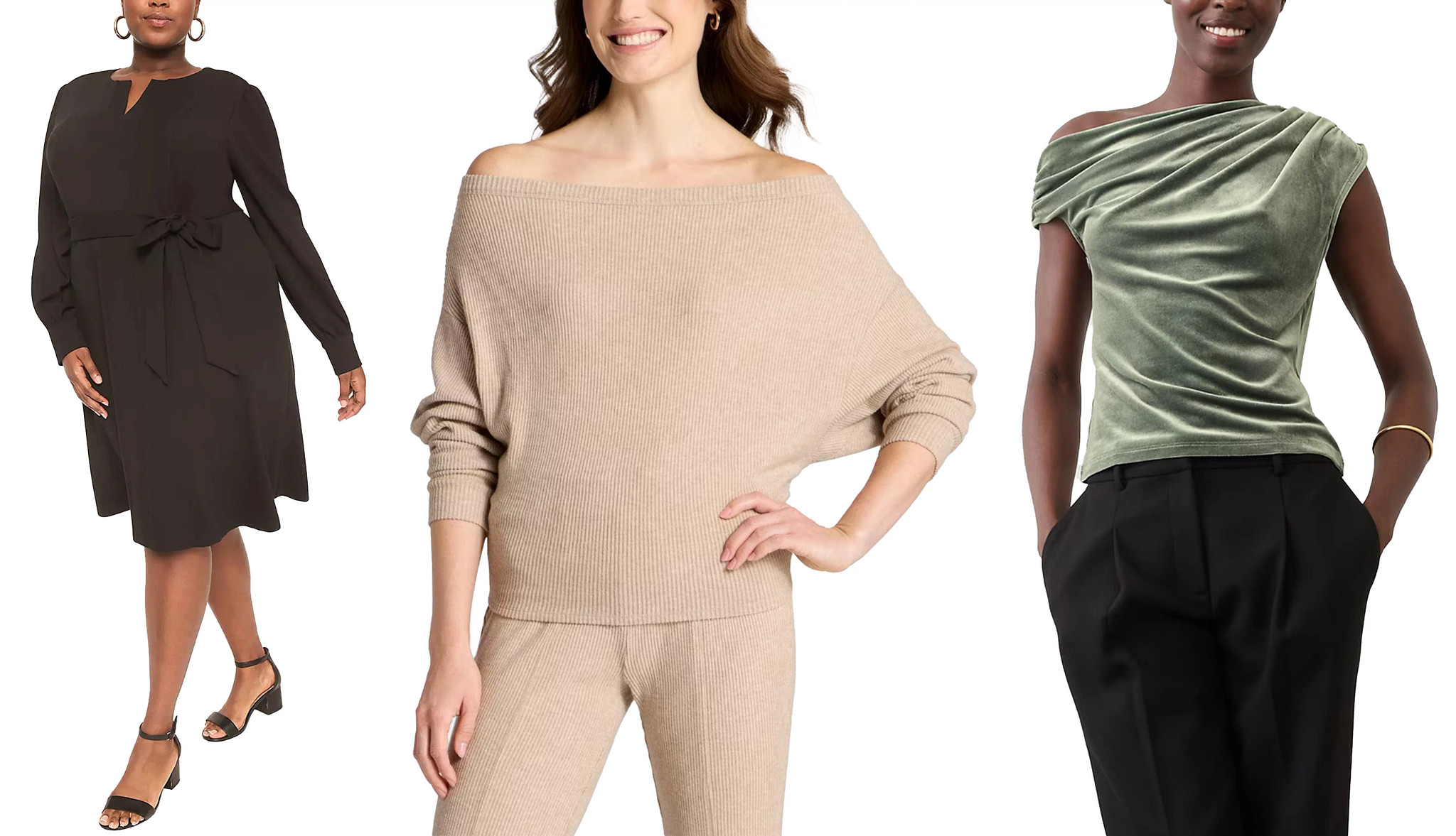 a model wearing a black knee length belted dress, a model wearing a beige rib knit ensemble with an off shoulder top and a model wearing a light green velvet asymmetrical top with black trousers