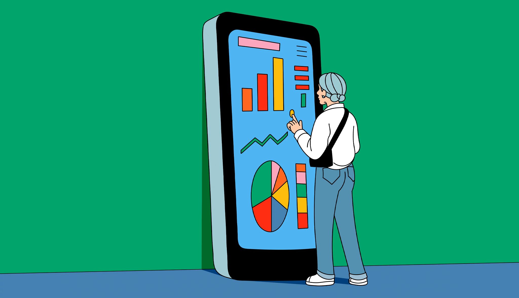 Embrace Technology a person looks at graphs on a life size smartphone