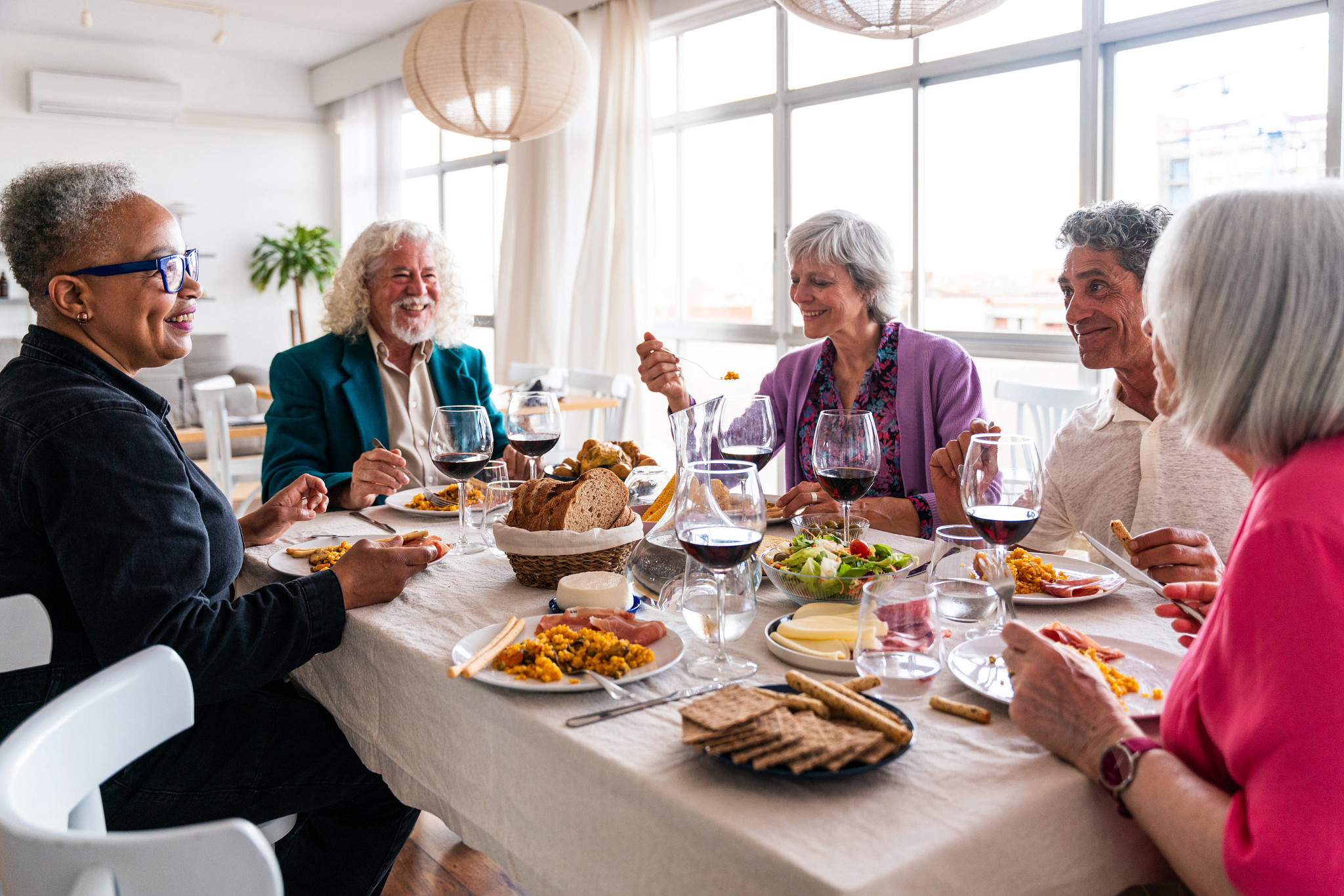 Group eating together at a table
