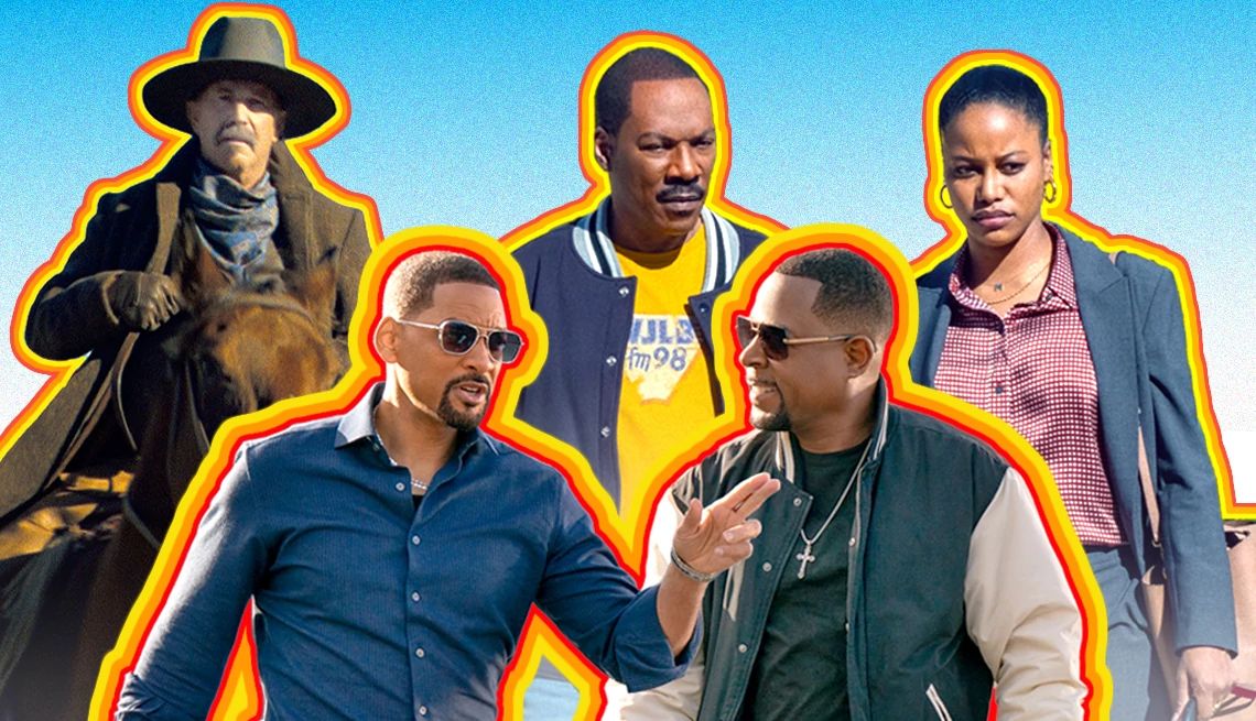 Summer Movie Preview 2024 Kevin Costner riding a horse in Horizon An American Saga, Eddie Murphy and Taylour Paige in a scene from Beverly Hills Cop Axel F, and Will Smith and Martin Lawrence talking to each other in Bad Boys Ride or Die