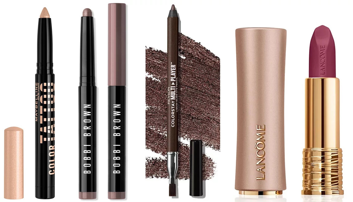 a collage with makeup products