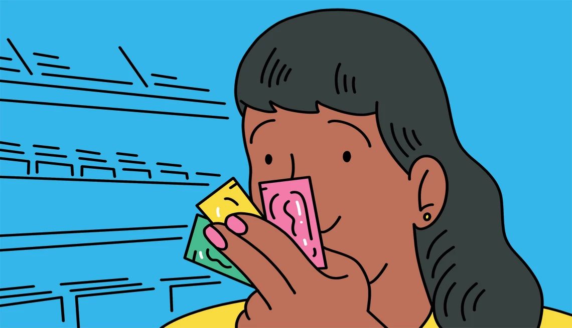Find the freebies An illustration of a woman holding samples of a beauty product