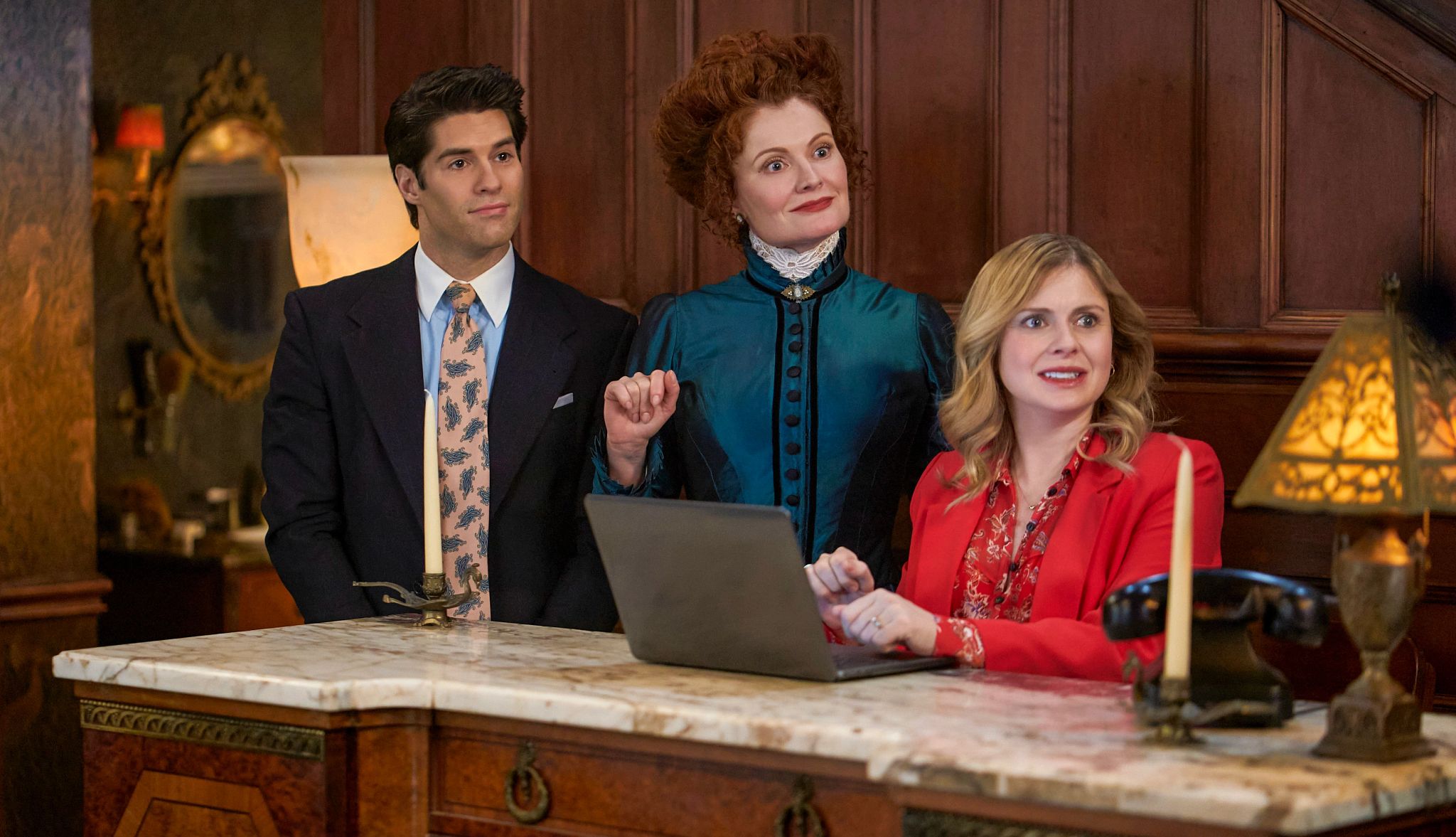 Asher Grodman, Rebecca Wisocky and Rose McIver in "Ghosts" Asher Grodman, Rebecca Wisocky and Rose McIver in a still from Ghosts