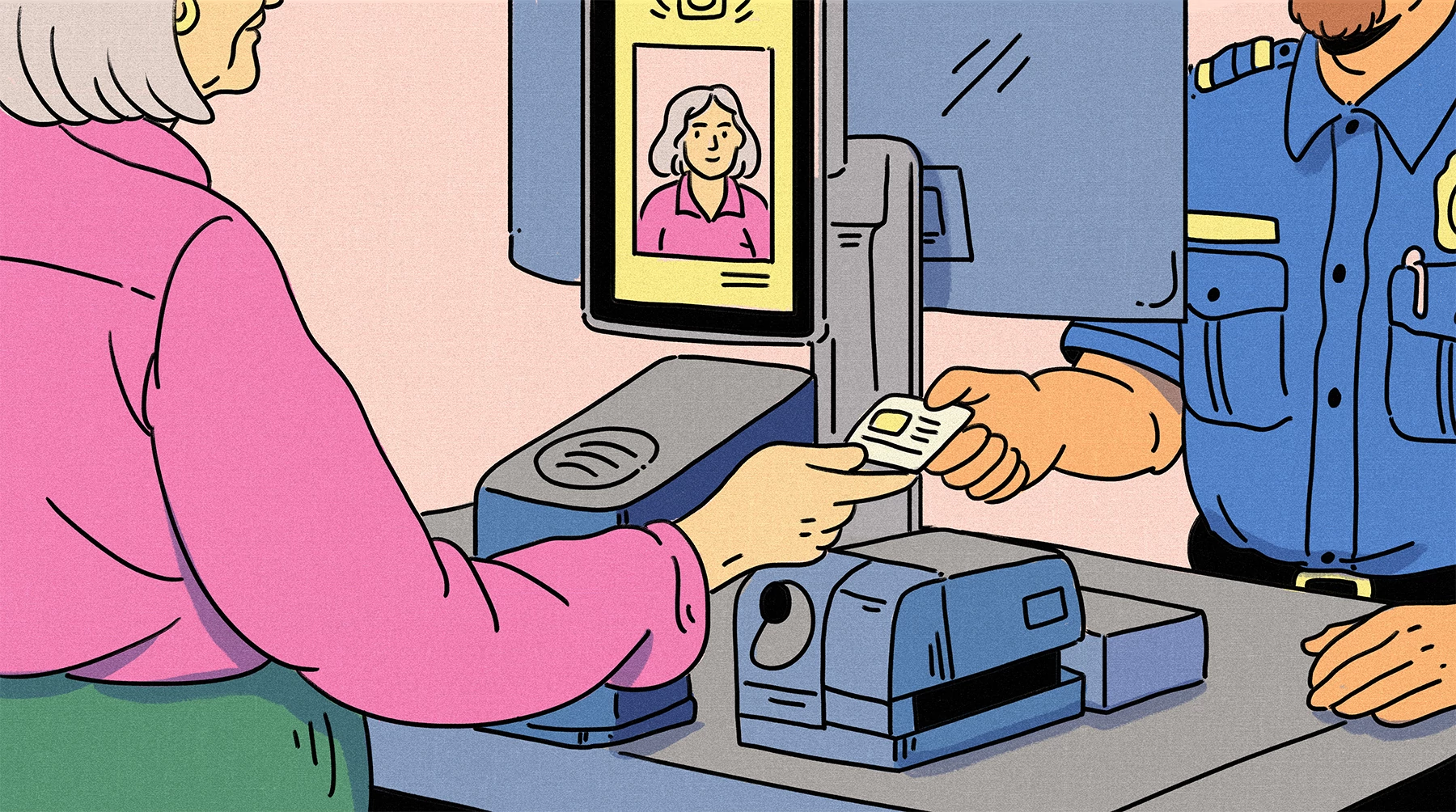 an illustration of a person showing their i d at a t s a checkpoint