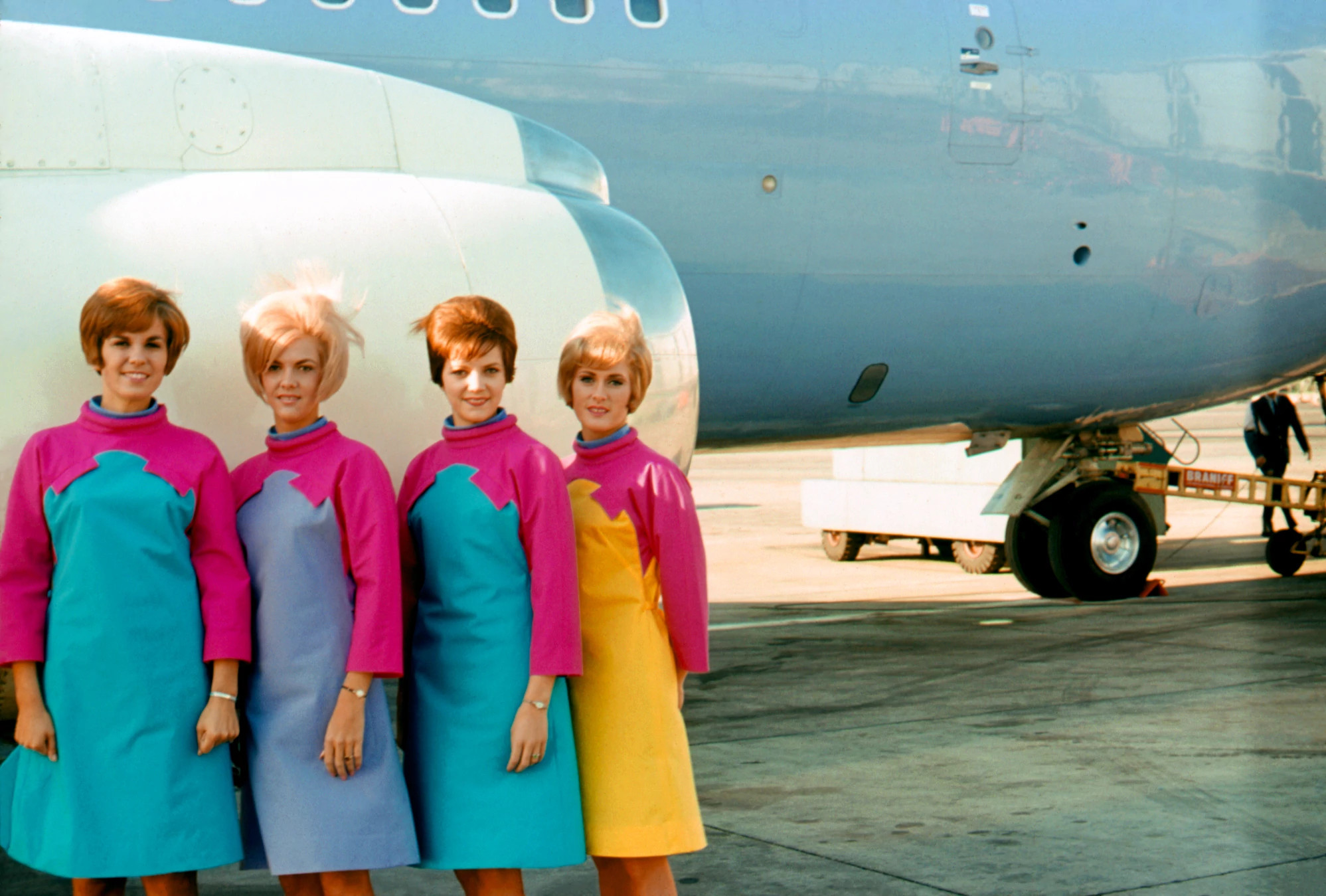 Braniff International Airways flight attendants showcasing vibrant color block uniforms