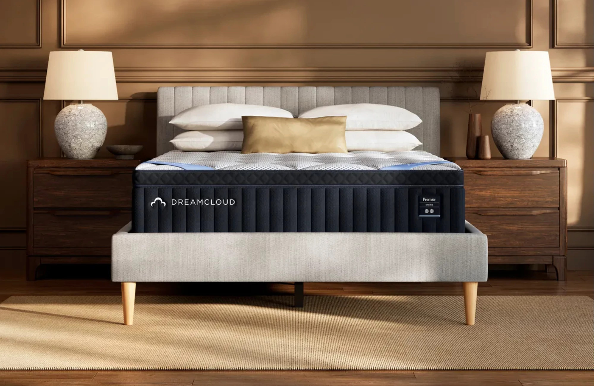 The DreamCloud Premier Hybrid mattress in a bedroom.