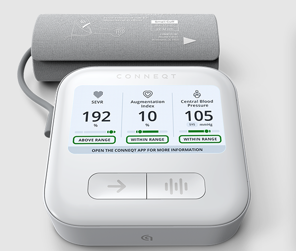 The CONNEQT Pulse blood pressure monitor with the cuff attached.