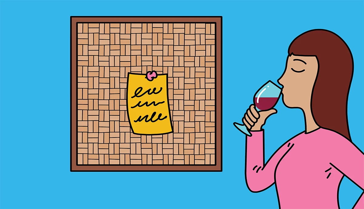 an illustration shows a woman enjoying a glass of wine next to a bulletin board made from wine corks
