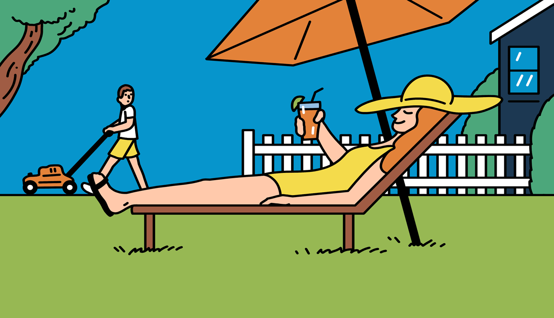 an illustration of a woman in a swimsuit reclining on a lawn chair while a man in the background mows the lawn
