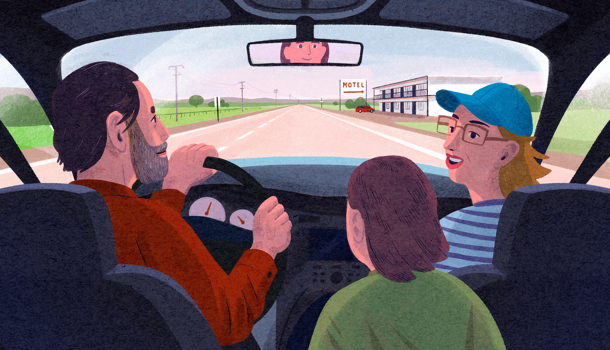 an illustration of a family inside a car