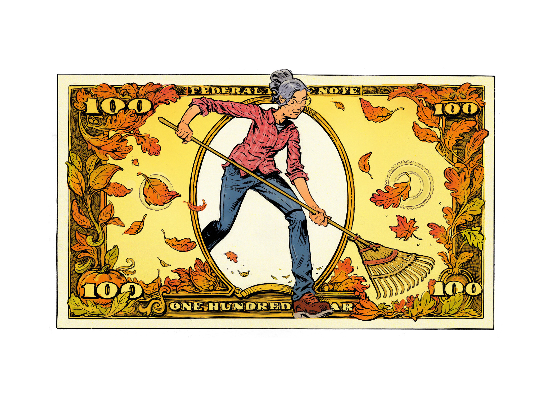 A $100 bill styled with a fall theme. In place of a traditional portrait in the middle of the bill, an older woman steps out, raking autumn leaves