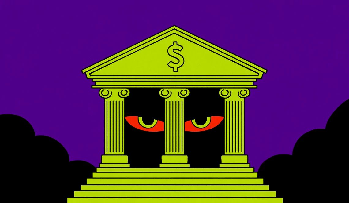 what to know about bank impersonation scams an image of a bank building with forboding eyes lurking out of it
