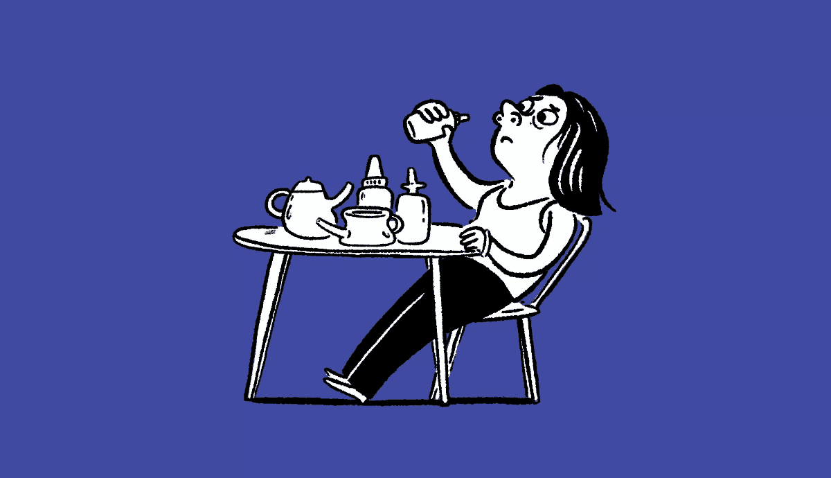 illustration on a blue background shows an older woman sitting at a table looking exhausted, with one hand tilted back as she uses a nasal spray bottle while several other remedies, including a neti pot and various medicine bottles, sit on the table in front of her