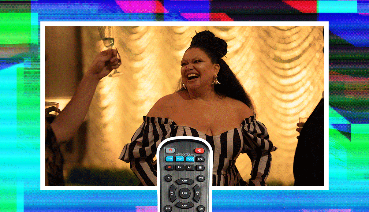 gif photo collage featuring tv show stills of actresses over 40 framed by a colorful TV static background with a remote control in the foreground