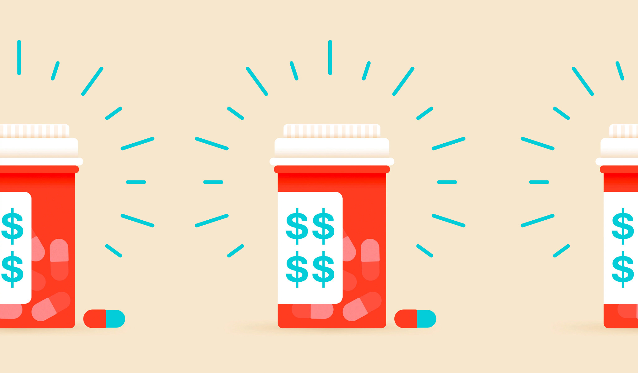 Illustration of prescription pill bottles with dollar signs on their labels.