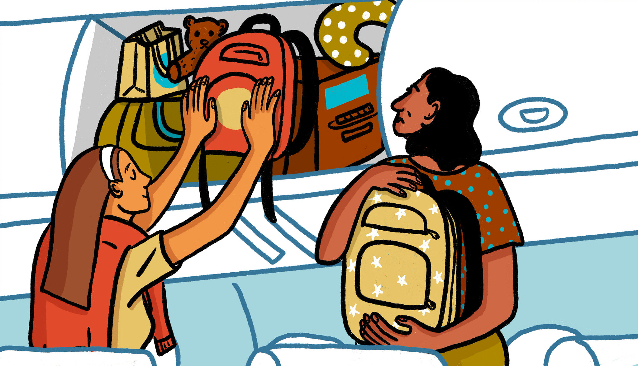 people putting bags into the overhead bin