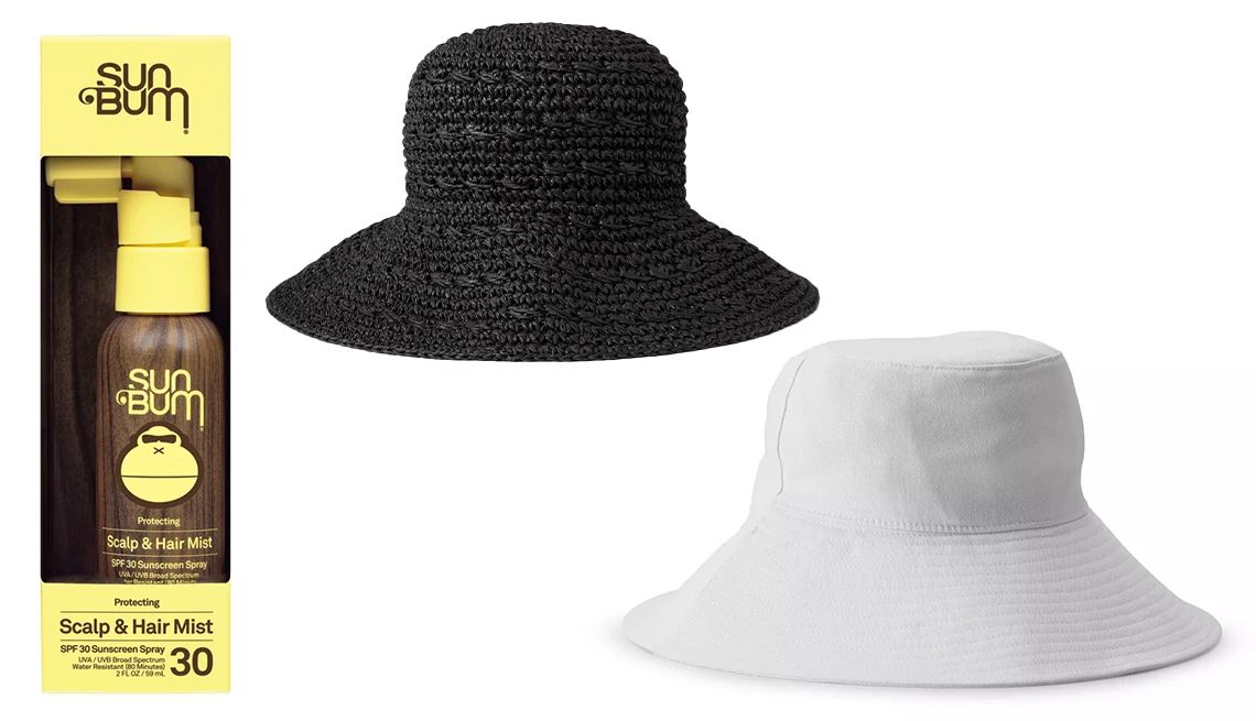 The Worst Beach Day Mistakes for Women Over 50 sun hats and a sun protection product for hair and scalp