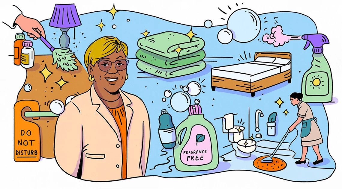 an illustration of a person holding a cleaning spray surronded by cleaning products and hotel rooms
