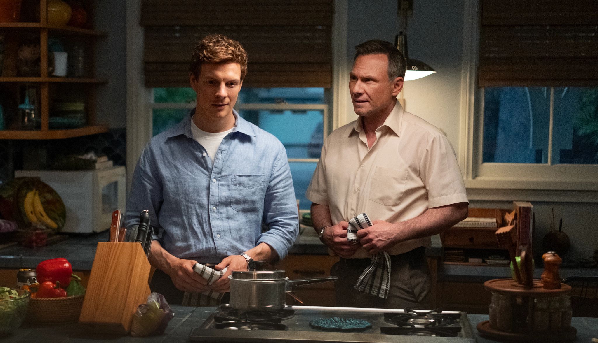Christian Slater, right, as Harry Morgan and Patrick Gibson as Dexter Morgan Christian Slater, right, as Harry Morgan and Patrick Gibson as Dexter Morgan