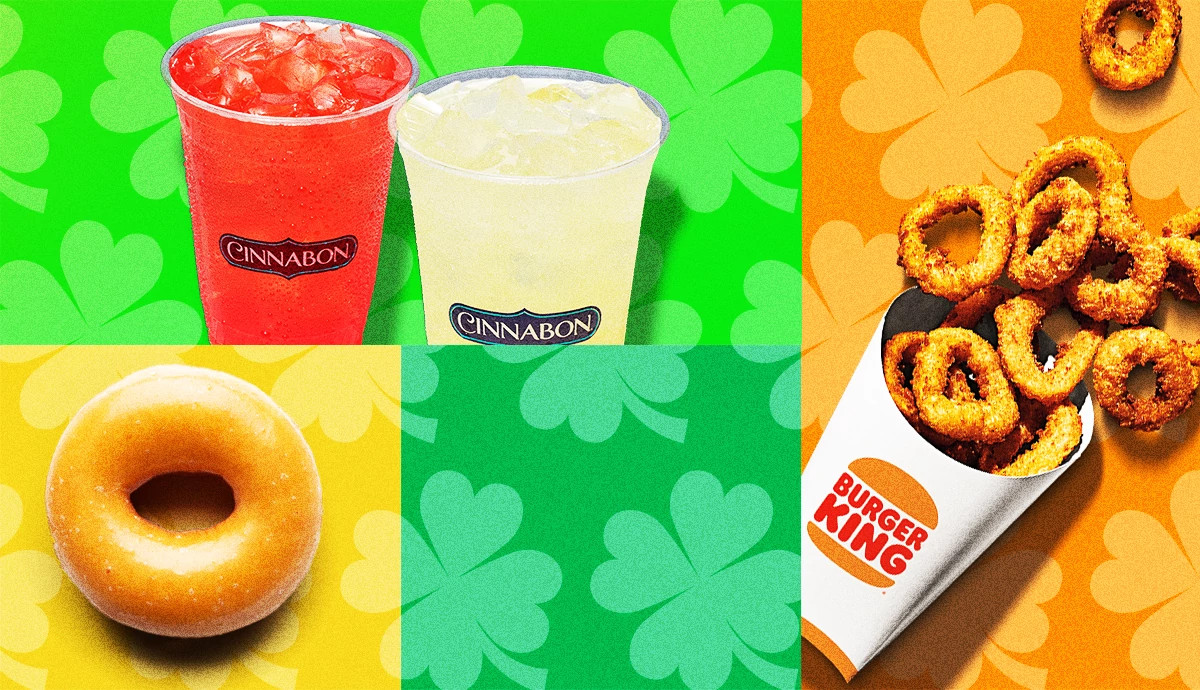 a photo and graphic collage shows photos of onion rings and donuts interspersed with shamrock cutouts