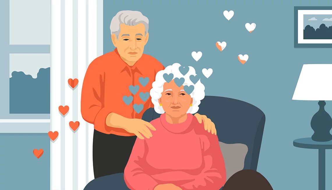 Caregiving and Romance an illustration shows and older adult man standing behind his wife, who is seated in a chair, with hands on her shoulders. Tiny hearts float across the foreground, changing color from red to grey to white