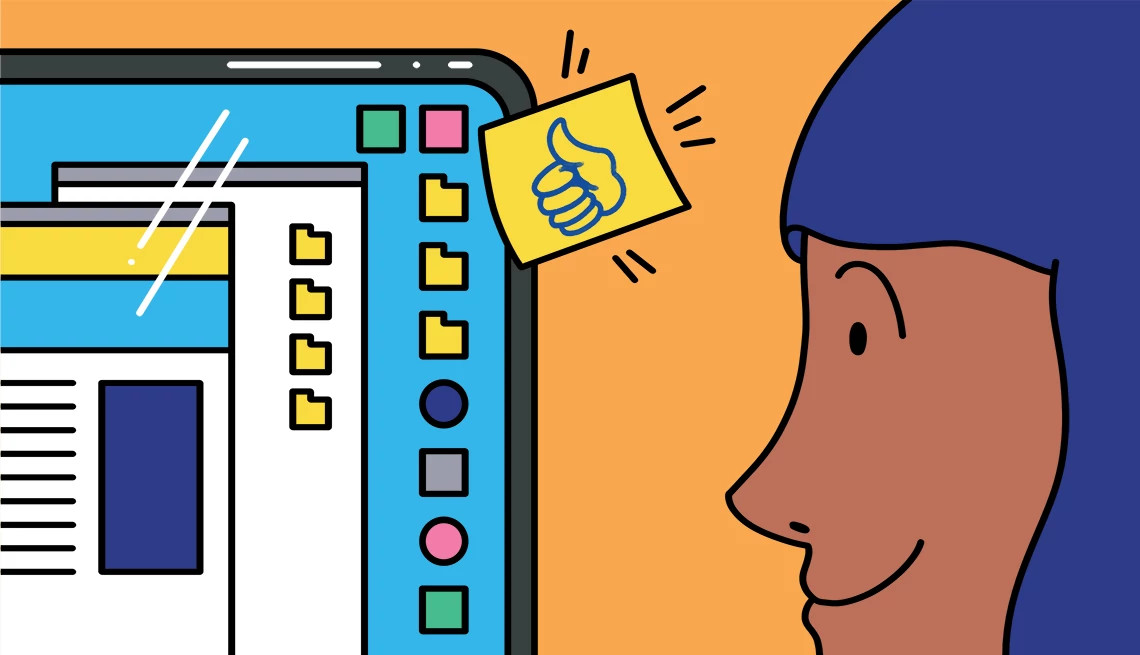 a drawing of a woman smiling as she looks at a computer screen