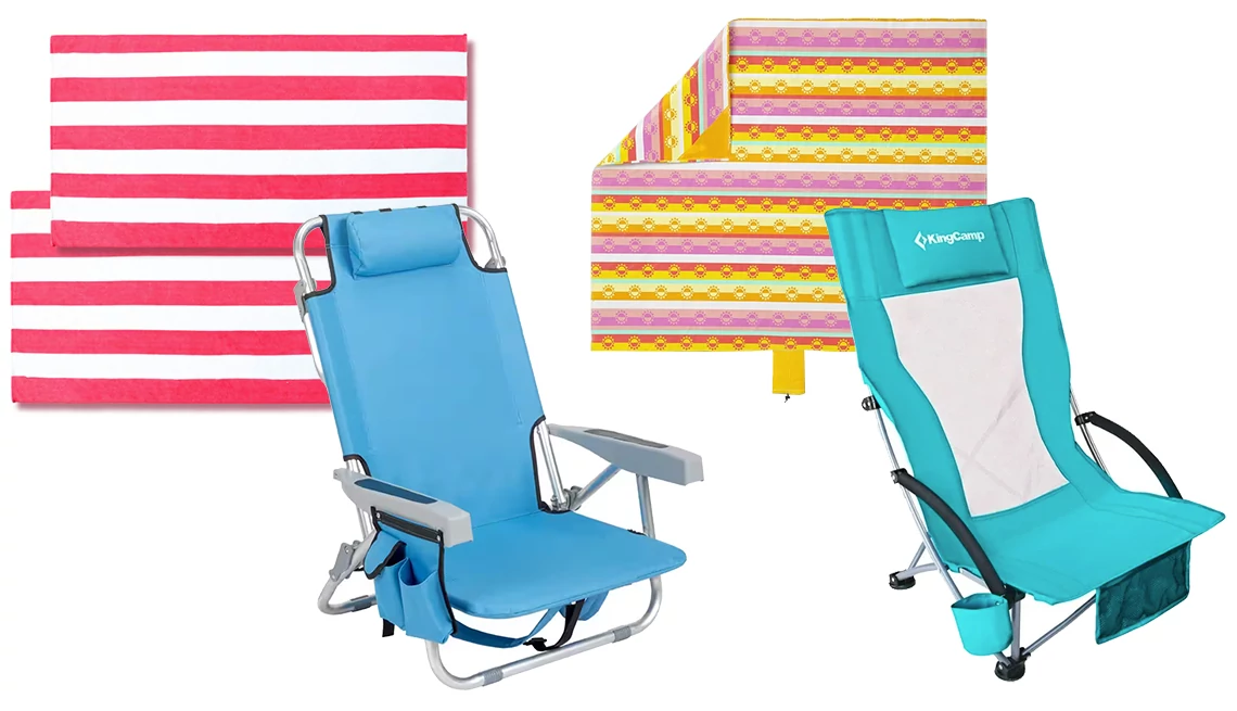 Exclusivo Mezcla 30"-x-60" Microfiber Cabana Striped Large Beach Towels in Pink; Winado Blue Aluminum and Polyester Adjustable Beach Chair; Sun Squad 59﻿"﻿-x﻿-70" Outdoor Beach Mat in Sun Belt Stripe; KingCamp Low Sling Beach Chair