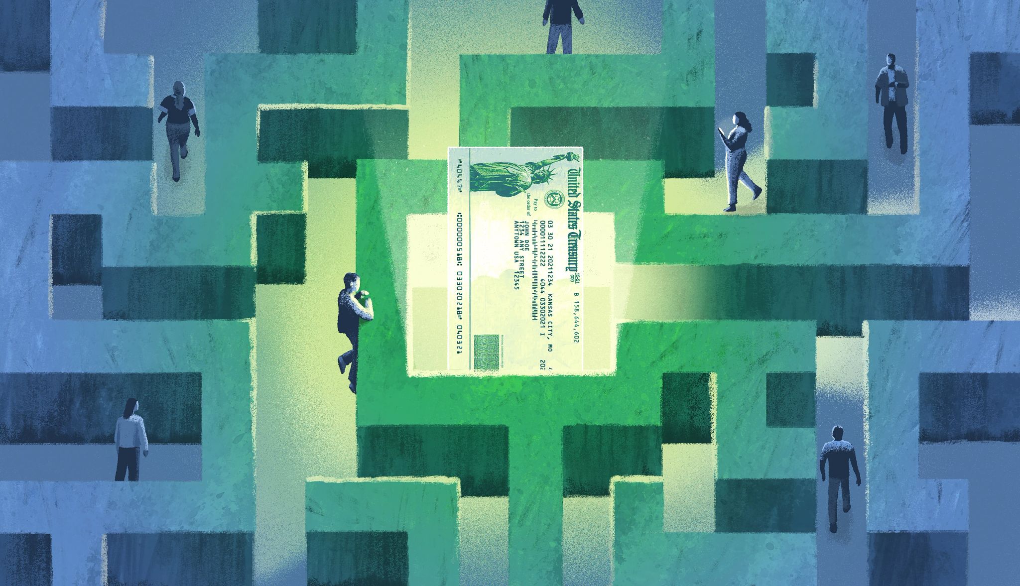 Personas navegan un laberinto al centro del cual se ve un cheque del Gobierno de Estados Unidos.