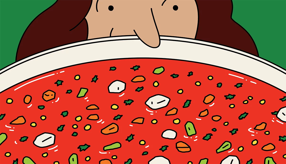 A whimsical close-up illustration of a person peeking over the rim of a large bowl filled with vibrant red vegetable soup against a green background.