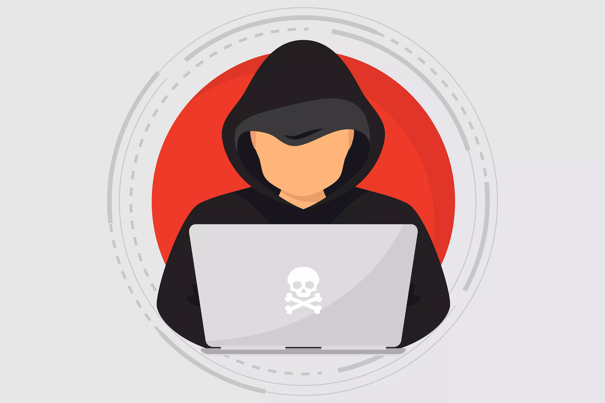 Cyber criminal with laptop stealing user personal data.