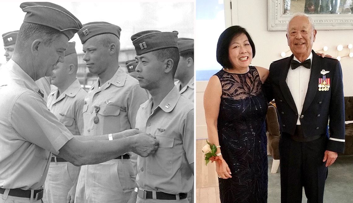 Left, toki endo receives a medal during the vietnam war. Right, toki wears a suit with his medals pinned to it in present day.
