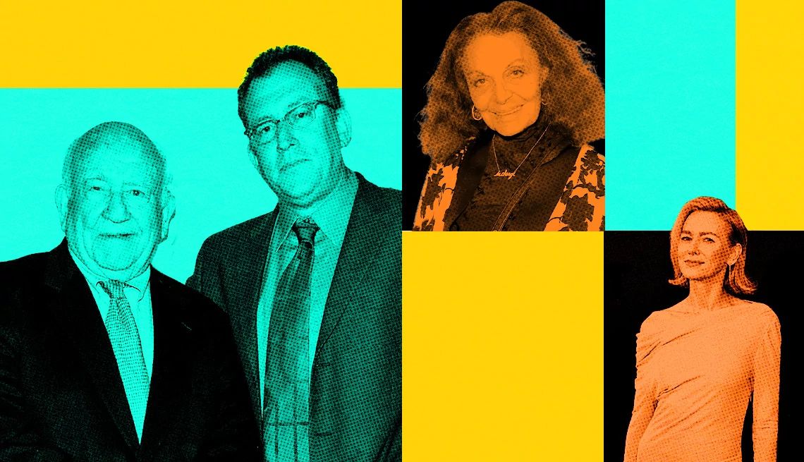 Ed Asner, Matthew Asner, Diane von Furstenberg and Naomi Watts Ed Asner and Matthew Asner, Diane von Furstenberg and Naomi Watts on a blue and yellow background