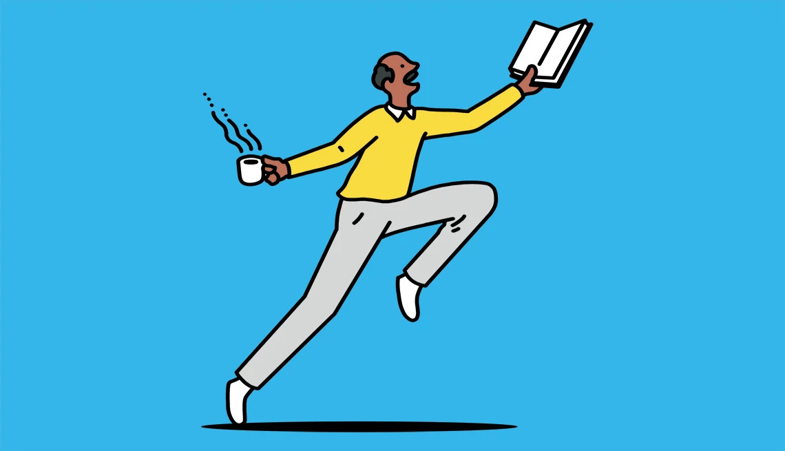 Illustration of man dancing, holding cup of coffee in one hand and book in the other