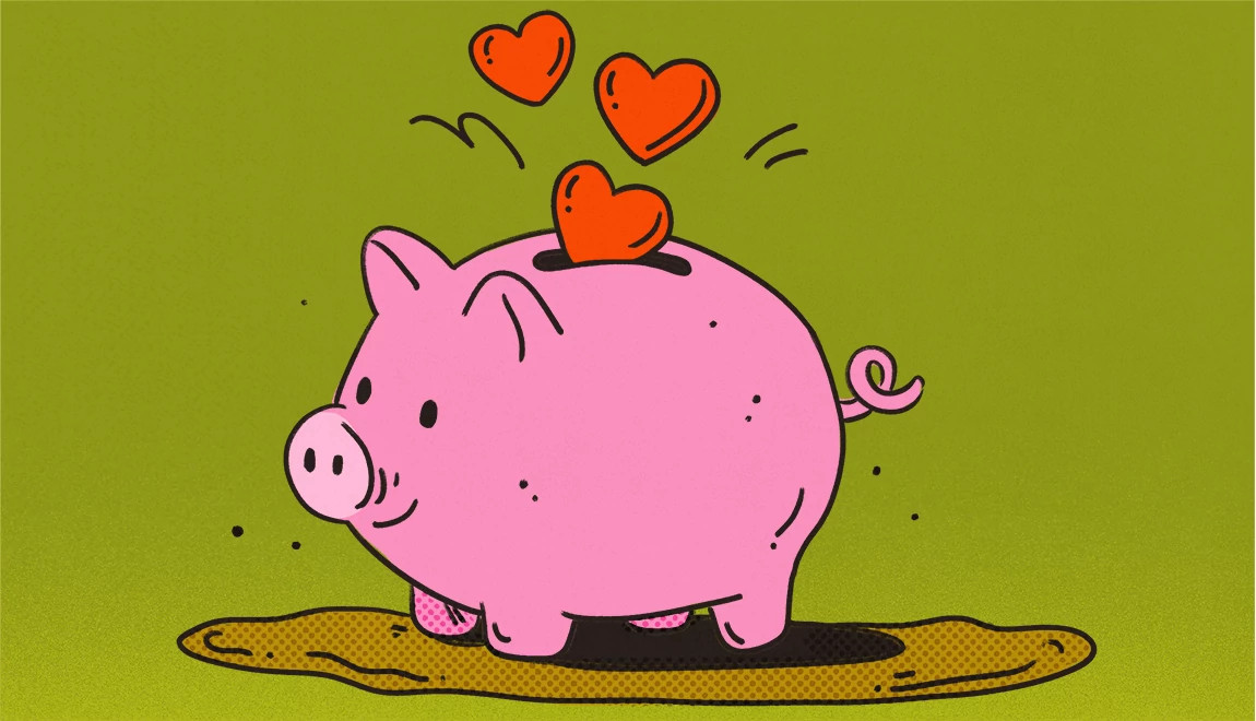 an illustration shows a piggybank being filled with hearts