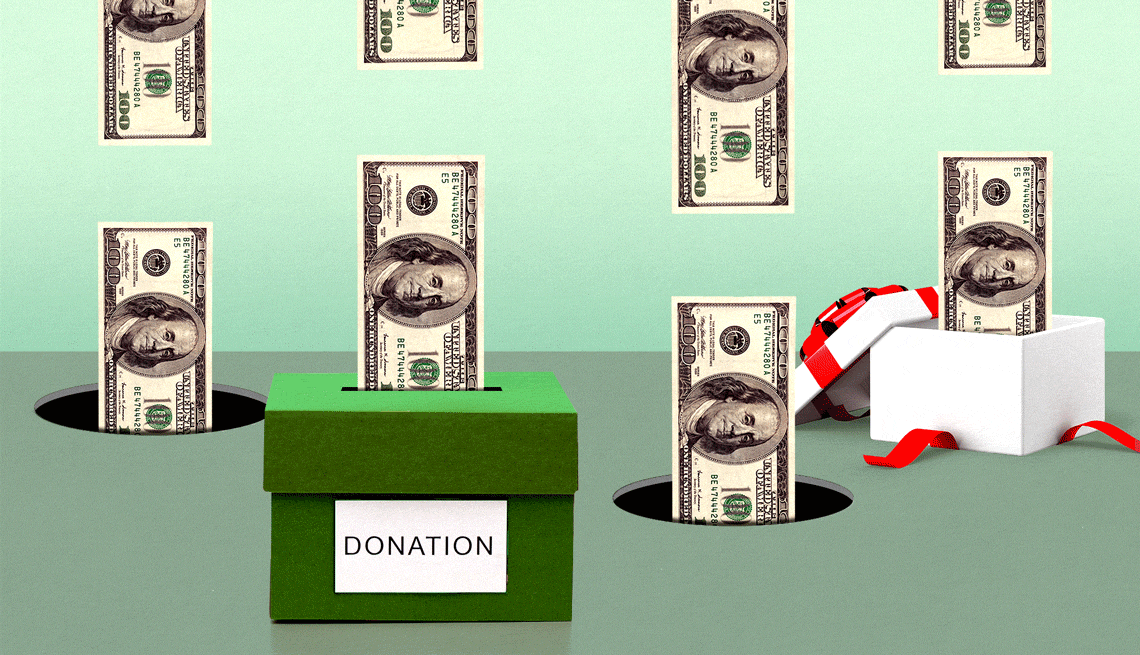hundred dollar bills fall into a donation box, a gift box and black holes