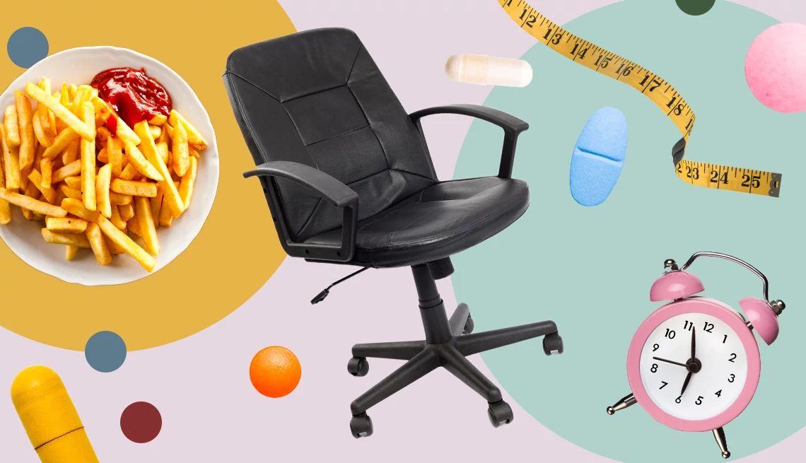 Ilustración que muestra comida chatarra, una silla de oficina, medicamentos, una cinta de medir y un reloj alarma