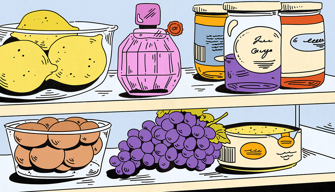 An illustration shows a bottle of perfume inside a refrigerator with various food items, including brown eggs and lemons