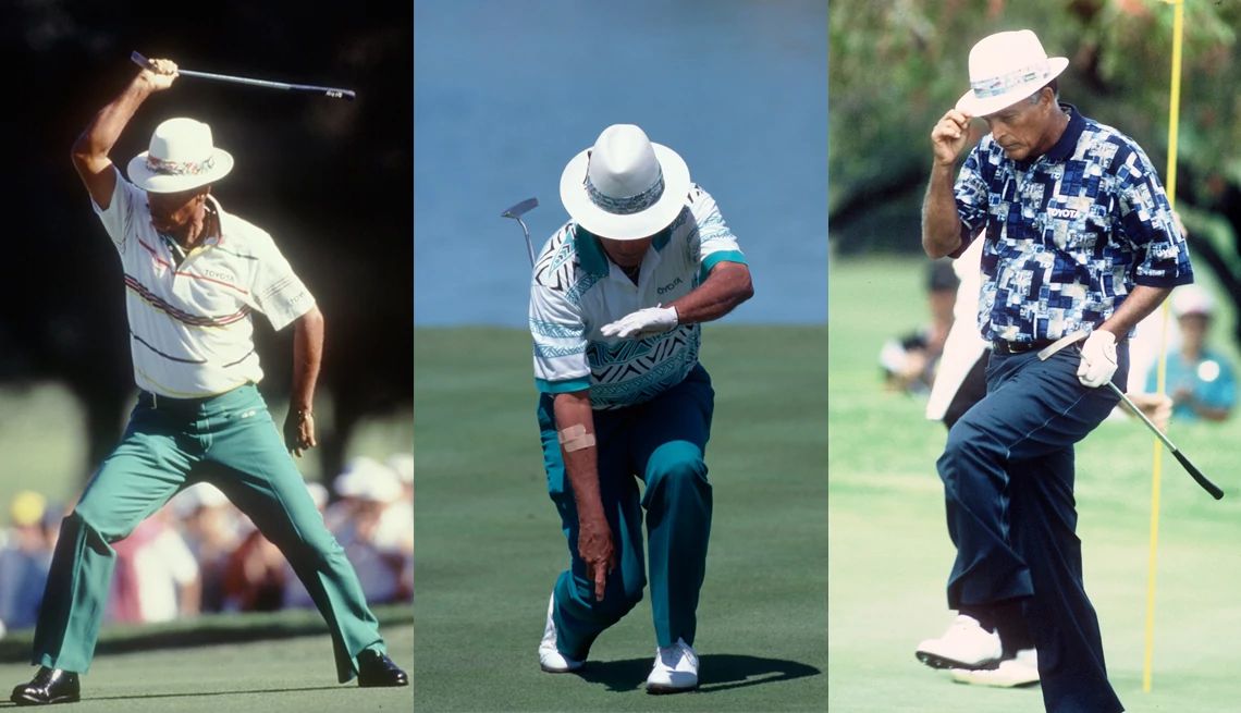 Chi Chi Rodriguez in full celebratory dance, arms wide, capturing his energetic and joyful presence on the course