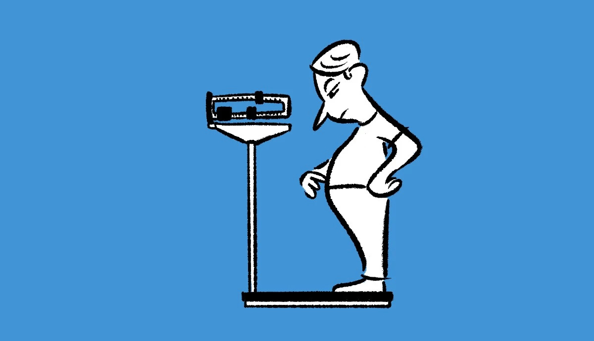 An illustration of a man standing on a balance-beam scale, looking down at his stomach with a sad expression.