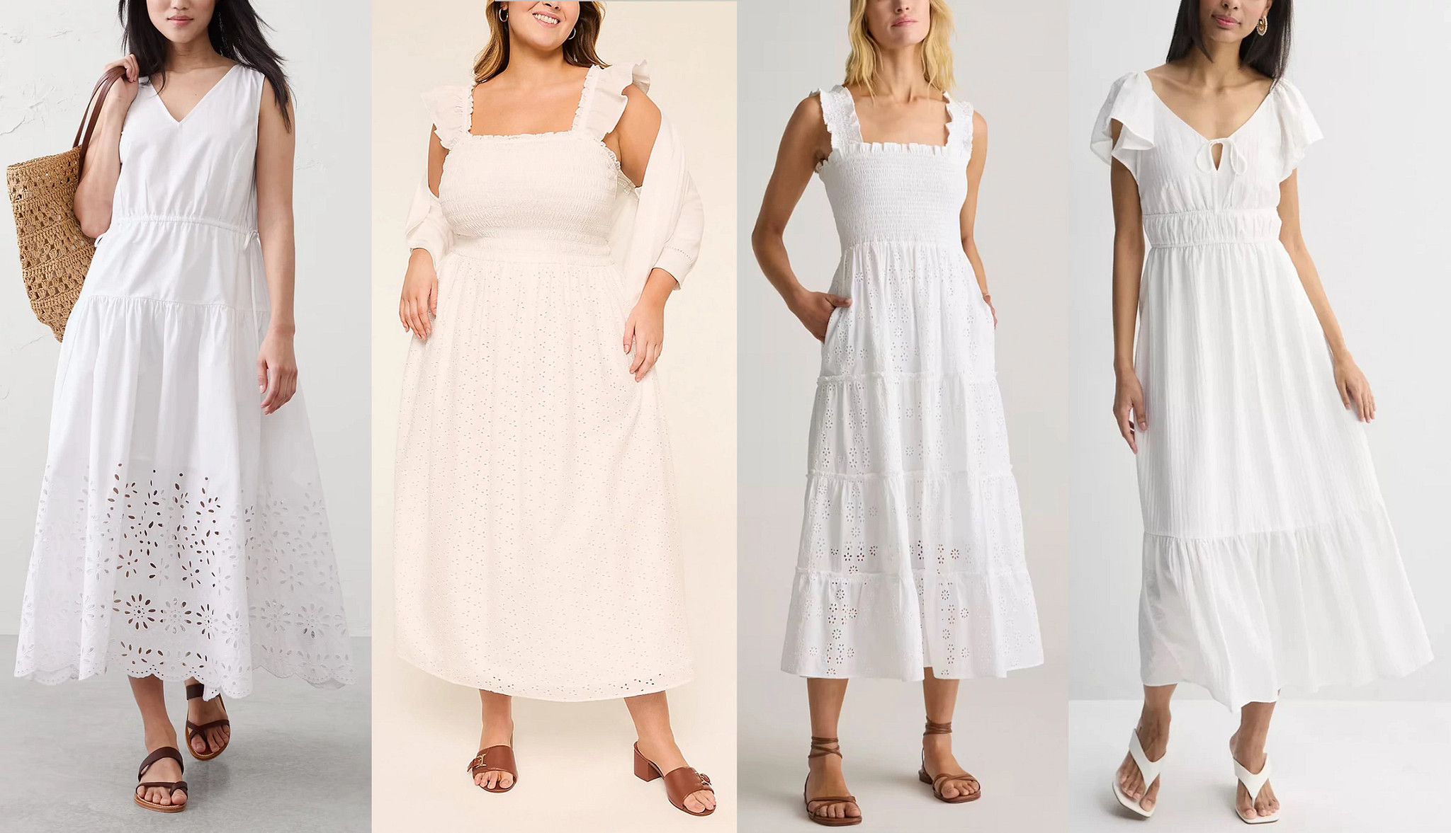 a collage with four models wearing white cotton midi dresses