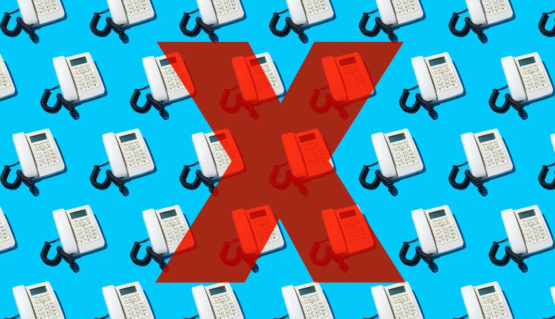 a graphic illustration shows rows of white work phones on a blue background. Superimposed on the image is a giant red X