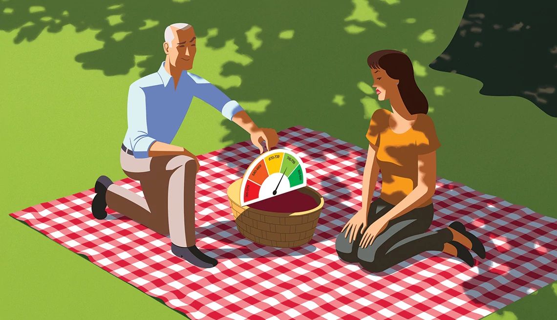 Credit Score on a First Date a man and woman sit on a picnic blanket. he is lifting up a picnic basket with a credit score scale on it.