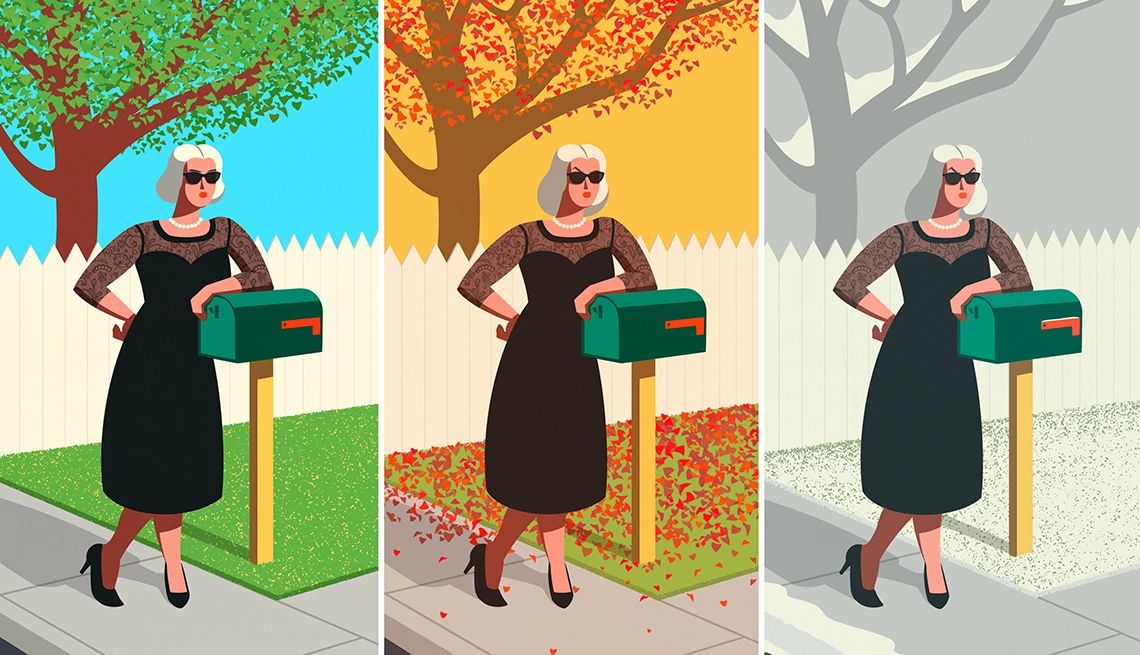 Wedding Thank-You Card Etiquette a woman in formal wear standing next to a mailbox as the summer, fall and winter seasons pass