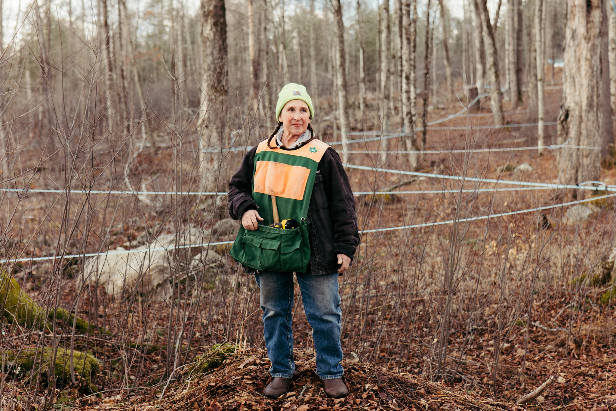 a person standing by maple trees
